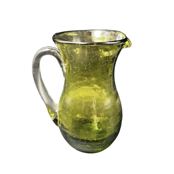 Thick Crackle Glass 4.25" Pitcher Applied Clear Handle Avocado Sage Green BLENKO - Picture 2 of 8